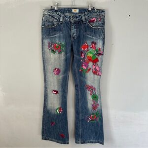 Antik Denim Embroidered Bootcut Flare Jeans 30 Y2K Boho Floral Bird Patchwork